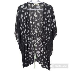 Miken Swim Black White Gray Flamingo Tropical Sheer/Lace Cover Up Size Large